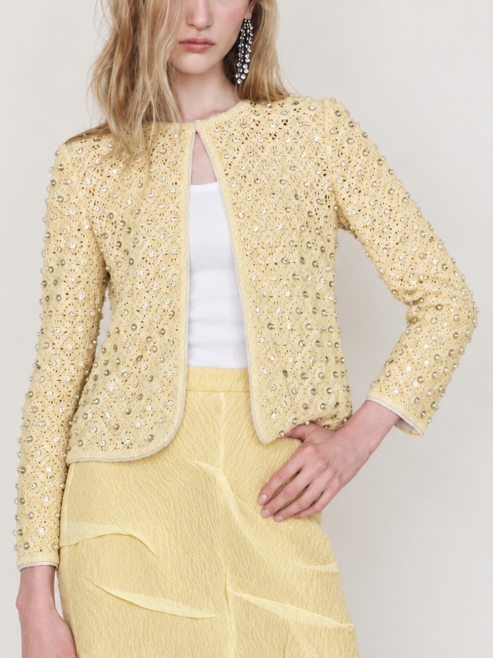 Zara Embellished Crochet Knit Cardigan Jacket  Yellow Beaded Open Front L/XL